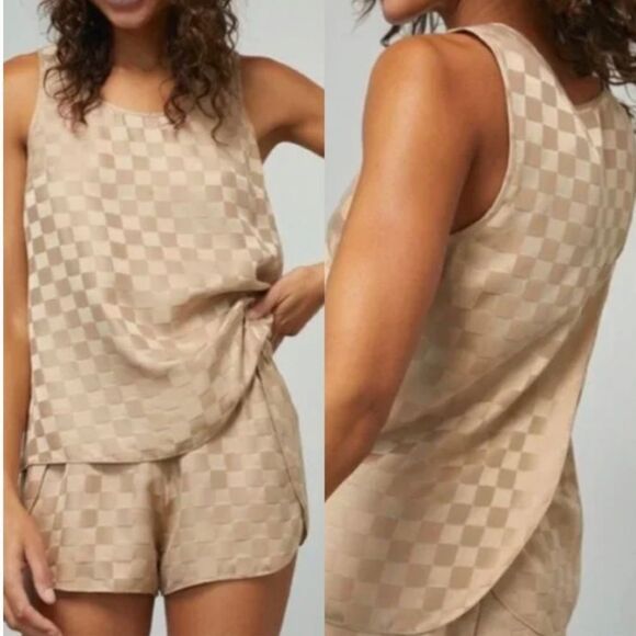 Lunya washable silk short pajamas set checkered jacquard tan/gold